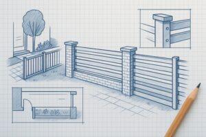 建築用の製図紙に描かれたフェンス設計図。柱やパネル、ゲートの配置が示され、コンパスと鉛筆が添えられた外構デザインの青図。