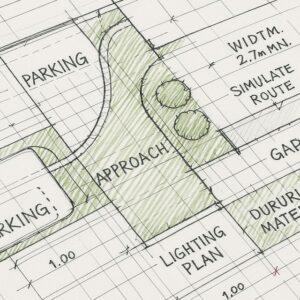 駐車場、アプローチ、庭、照明、フェンスなどの位置が日本語で示された外構デザインの建築青写真。白背景に灰色の線と淡い緑のアクセントを用いた設計図。