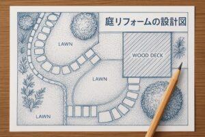 日本の庭リフォーム設計図。ウッドデッキや芝生、石畳、植栽の配置が描かれた上から見た外構デザインの青写真。