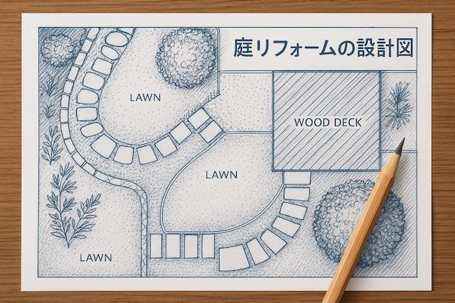 日本の庭リフォーム設計図。ウッドデッキや芝生、石畳、植栽の配置が描かれた上から見た外構デザインの青写真。