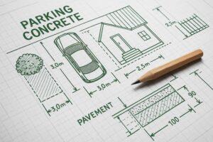 コンクリート駐車場の設計図面。駐車スペースや排水計画、施工用の工具が描かれた外構工事の青写真。