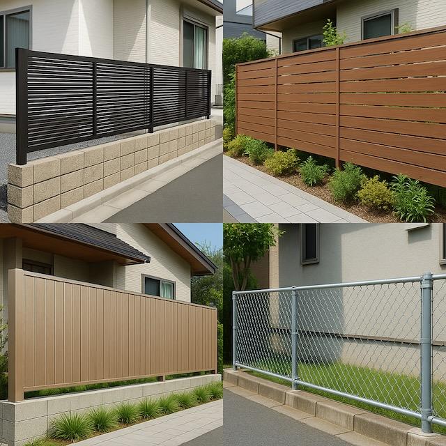 アルミフェンス、木調フェンス、樹脂フェンス、メッシュフェンスなど、住宅外構で使用される複数のフェンスデザインを並べた4分割イメージ画像。