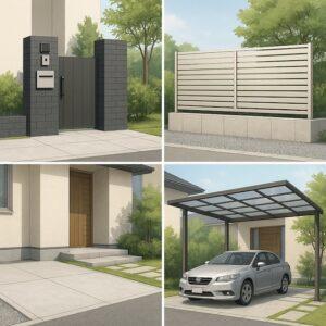 門柱、アルミフェンス、玄関アプローチ、カーポートなど、住宅外構デザインを表現した4枚構成のイメージ画像。