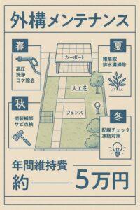 春・夏・秋・冬それぞれの時期に行う洗浄、防草、塗装、点検などの内容が日本語で明示された外構メンテナンスの青写真。白背景に灰色の線と淡い緑のアクセントを使った設計図。