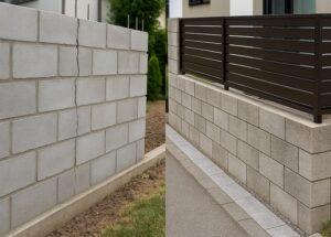 ひび割れたブロック塀、電動ハンマーでの撤去作業、鉄筋が見える補強中のブロック塀、新しいアルミフェンスと組み合わせたリフォーム後のブロック塀を4つにまとめた外構工事イメージ画像。