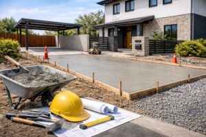 ひたちなか市の住宅で行われる駐車場コンクリート施工のイメージ。新しく打設された土間コンクリートと作業道具が写っている様子。
