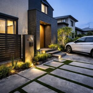 ひたちなか市の住宅外構デザインのイメージ。シンプルモダンな門柱と駐車場コンクリート、間接照明で演出されたスタイリッシュなエクステリア空間。