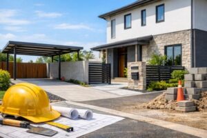 ひたちなか市の住宅で行われる外構工事のイメージ。駐車場コンクリートと門まわり施工中の様子。