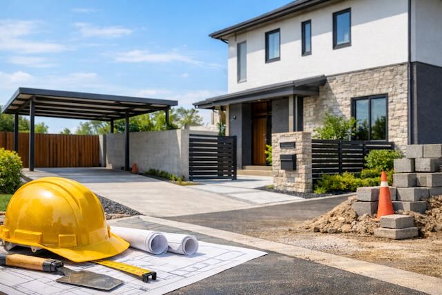 ひたちなか市の住宅で行われる外構工事のイメージ。駐車場コンクリートと門まわり施工中の様子。